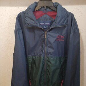 VTG Swingster Chevrolet Windbreaker Jacket Mens L Traveler Hidden Hood Blue